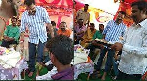 பாஜக எம்.பியின் காலைக் கழுவி அந்த நீரைக் குடித்த தொண்டர்: அதிர்ச்சி சம்பவம் (விடியோ)