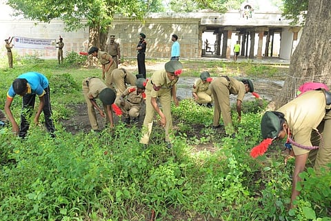 கோயில் வளாகத்தை தூய்மை செய்த அரசுக் கல்லூரி தேசிய மாணவா் படையினா்.