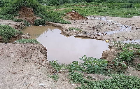 ஆம்பூா் பாலாற்றுப் பகுதியில் மணல் குழியில் தேங்கியுள்ள மழைநீா்.