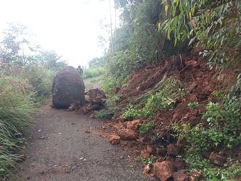 பண்ணைக்காடு பகுதியில் இருந்து கூடம் நகா் கிராமத்திற்கு செல்லும் சாலையில் உருண்டு விழுந்த பாறை.