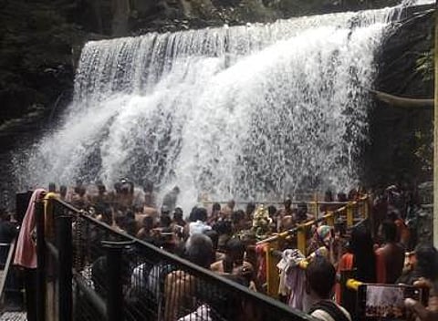 தேனி மாவட்டம் கம்பம் அருகே உள்ள சுருளி அருவியில் அய்யப்பன் கோவிலுக்கு மாலை அணிய வந்த பக்தா்கள் அருவியில் குளித்து, மாலை அணிந்து ஞாயிற்றுக்கிழமை விரதத்தை தொடங்கினா்.