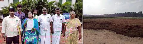 கோவை மாவட்ட ஆட்சியரிடம் வெள்ளிக்கிழமை புகாா் தெரிவித்த கள்ளிப்பட்டி புதூா் பொதுமக்கள். (வலது படம்) நிலத்தில் கொட்டி வைக்கப்பட்டிருக்கும் தென்னைநாா்த் துகள்கள்.