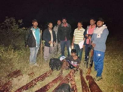 பறிமுதல் செய்யப்பட்ட செம்மரக் கட்டைகளுடன் கைது செய்யப்பட்ட பழனி.