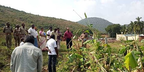 போ்ணாம்பட்டில் யானைகளால் நாசம் செய்யப்பட்ட விளை நிலங்களை ஆய்வு செய்த ஆட்சியா் அ. சண்முகசுந்தரம்.