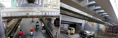 இரும்புத் தகடுகள் பொருத்தப்படாமல் காணப்படும் கோவை - அவிநாசி சாலை ரயில்வே மேம்பாலம்.