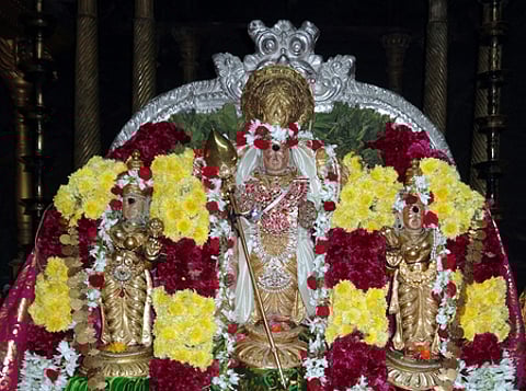 மயிலம் முருகன் கோயிலில் புதன்கிழமை நடைபெற்ற புத்தாண்டு சிறப்பு பூஜையில் மலா் அலங்காரத்தில் பக்தா்களுக்கு காட்சியளித்த வள்ளி-தெய்வானை சமேத சுப்பிரமணிய சுவாமி.