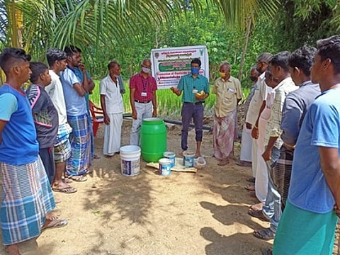 நஞ்சில்லா காய்கறி சாகுபடி குறித்து விளக்கமளிக்கும் நீடாமங்கலம் வேளாண்மை அறிவியல் நிலையத்தினா்.