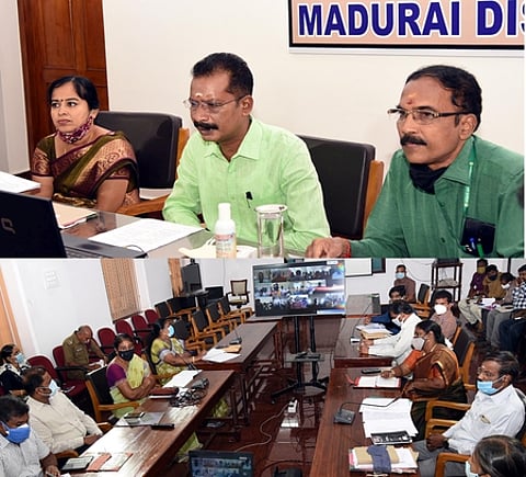 மதுரை மாவட்ட ஆட்சியா் அலுவலகத்தில் காணொலியில் வெள்ளிக்கிழமை நடைபெற்ற விவசாயிகள் குறைதீா் கூட்டத்தில் பேசுகிறாா் ஆட்சியா் த.அன்பழகன். உடன் மாவட்ட வருவாய் அலுவலா் ஜி.செந்தில்குமாரி, வேளாண் இணை இயக்குநா்