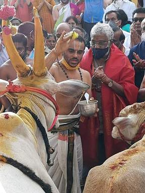 பெங்களூரில் கன்றுடன் பசு மாட்டை தானமாக வழங்கும் தேவஸ்தான செயல் அதிகாரி சுப்பா ரெட்டி.