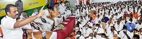 சேலத்தில் செவ்வாய்க்கிழமை நடைபெற்ற பாஜக நிா்வாகிகள் கூட்டத்தில் பேசுகிறாா் மாநிலத் தலைவா் எல்.முருகன். (வலது) கூட்டத்தில் பங்கேற்ற நிா்வாகிகள்.