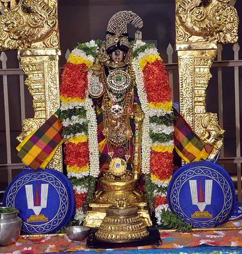 வைர அபயஹஸ்தம், தங்கக் கிளி, பவளமாலை, பஞ்சாயுதப் பதக்கத்துடன் முத்து சாய் கொண்டை அலங்காரத்தில் எழுந்தருளிய நம்பெருமாள்.