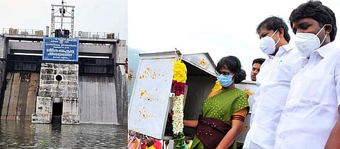 விசுவக்குடி நீா்த்தேக்கத்திலிருந்து சனிக்கிழமை தண்ணீரை திறந்து வைக்கிறாா் மாவட்ட ஆட்சியா் ப. ஸ்ரீ வெங்கட பிரியா.