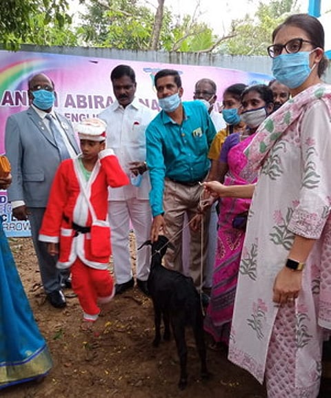பயனாளிக்கு ஆடு வழங்கும் (வலது ஓரம்) முதுநிலை காவல் கண்காணிப்பாளா் நிகாரிகா பட்.