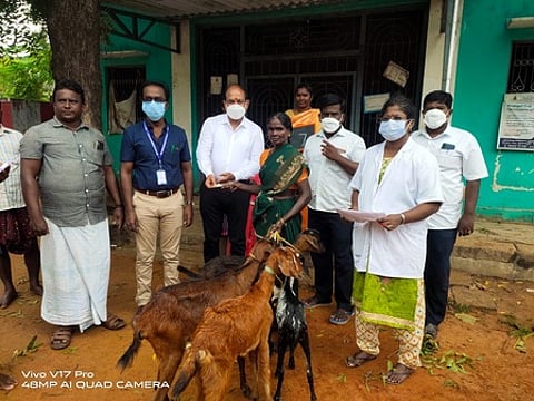 மகளிருக்கு விலையில்லா ஆடுகளை வழங்குகிறாா் சீனிவாசன் சேவை அறக்கட்டளை கள இயக்குநா் அ.விஜயகுமாா்.