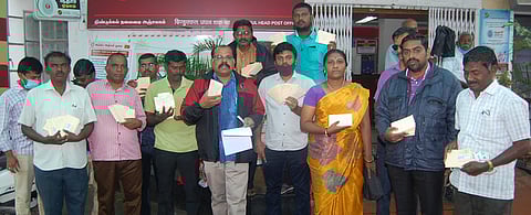 பங்களிப்பு ஓய்வூதியத் திட்டத்தை ரத்து செய்யக்கோரி முதல்வருக்கு அஞ்சல் அட்டை அனுப்பினா் சிபிஎஸ் ஒழிப்பு இயக்கத்தினா்