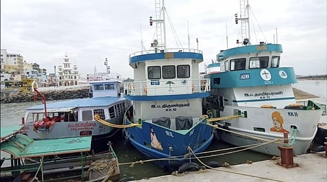 படகு தளத்தில் நிறுத்தப்பட்டுள்ள படகுகள்.