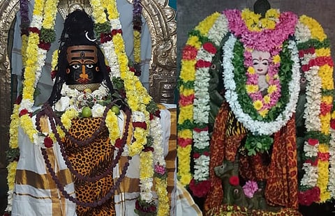 ஆருத்ரா தரிசனத்தை முன்னிட்டு, புதன்கிழமை நடைபெற்ற சிறப்பு அலங்காரத்தில் போடி வினோபாஜி காலனி மீனாட்சி சுந்தரேசுவரா். (வலது) அலங்காரத்தில் போடி சுப்பிரமணியசுவாமி கோயிலில் உள்ள நடராஜா்.