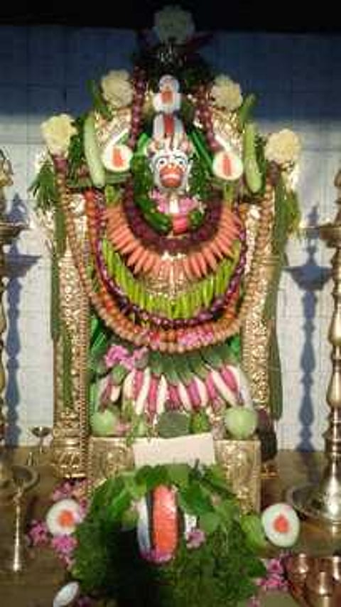 காய்கறி அலங்காரத்தில் சேவைசாதித்த மருதூா் ஸ்ரீஜெயமங்கள ஆஞ்சநேயா்.