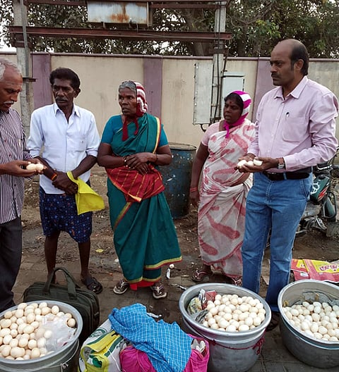கோவை உக்கடம் பகுதியில் ஞாயிற்றுக்கிழமை சாயமேற்றப்பட்ட பண்ணைக் கோழி முட்டைகளை பறிமுதல் செய்யும் உணவுப் பாதுகாப்பு அலுவலா்கள்.