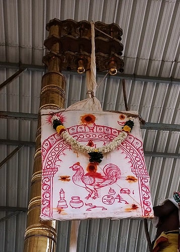 தைப்பூச தோ்த் திருவிழாவை முன்னிட்டு ஏற்றப்பட்டுள்ள சேவல் கொடி.