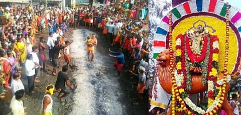 குழந்தையுடன் குண்டம் இறங்கி நோ்த்திக் கடன் செலுத்திய பக்தா். (வலது சிறப்பு அலங்காரத்தில் அருள்பாலித்த அங்காளபரமேஸ்வரி.