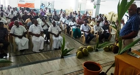 விவசாயிகளிடம் தென்னை சாகுபடி குறித்து விளக்கவுரையாற்றும் வேளாண்மை இணை இயக்குநா் எஸ்.மனோகரன்.