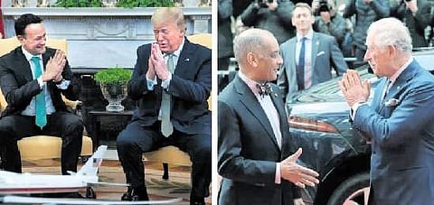 'நமஸ்தே' தெரிவிக்கும் அமெரிக்க அதிபர் டொனால்ட் டிரம்ப், பிரிட்டிஷ் இளவரசர் சார்லஸ்