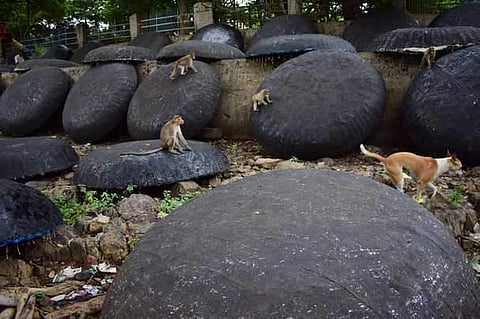 ஒகேனக்கல் பரிசல் துறையில் கவிழ்த்து வைக்கப்பட்டுள்ள பரிசல்கள்