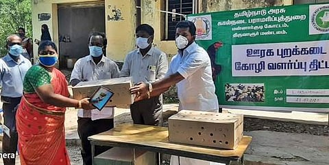 கால்நடை மருத்துவமனையில் 2,200 கோழிக் குஞ்சுகளை வழங்கினார் உதவி இயக்குனர் ஜான்சன் சார்லஸ்.