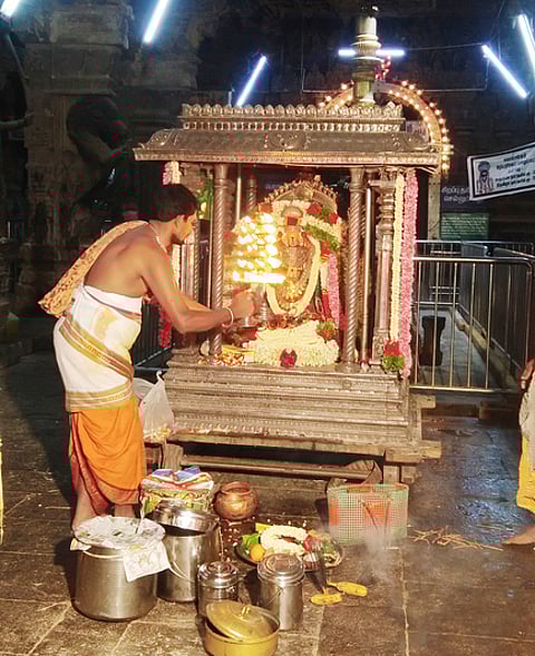 ஸ்ரீகோமதிஅம்பாளுக்கு நடைபெற்ற சிறப்பு தீபாராதனை.
