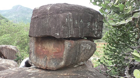 பழனியை அடுத்த வரதாபட்டணம் ஆமைக்கரட்டில் கண்டறியப்பட்ட கல்திட்டை. இதன் மேலே ஏழு வரிகளுடன் காணப்படும் பாறை.