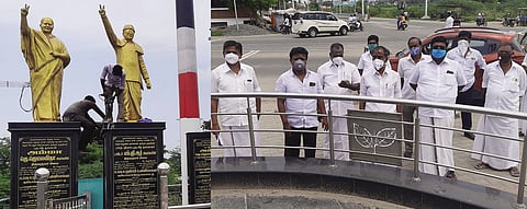 எம்ஜிஆா், ஜெயலலிதா சிலைகளுக்கு பாதுகாப்பு வேலி அமைக்கும் பணி: அமைச்சா் ஆய்வு