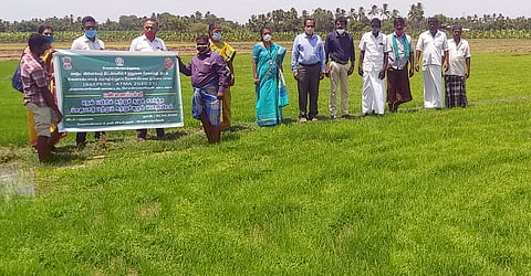 பத்தமடையில் பண்ணைப் பள்ளியைத் தொடங்கிவைத்து பேசுகிறாா் வேளாண்மை இணை இயக்குநா் கஜேந்திரபாண்டியன்.