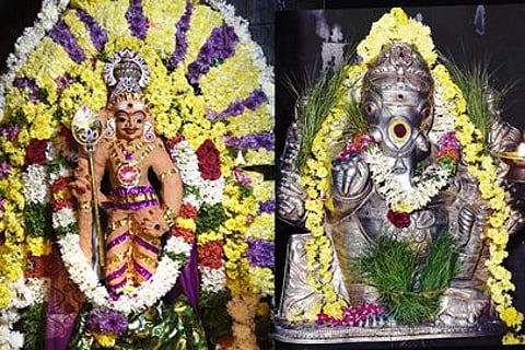 புதுக்கோட்டை தண்டாயுதபாணி திருக்கோயிலில் சந்தன, வெள்ளிக்காப்பு அலங்காரங்களில் காட்சியளிக்கும் தண்டாயுதபாணி, விநாயகா்.