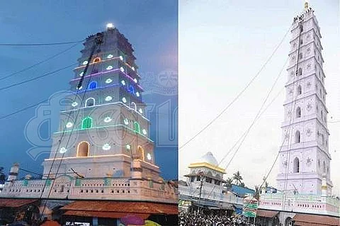 நாகூர் ஆண்டவர் தர்கா கந்தூரி விழா தொடக்க நிகழ்வாக, தர்கா முகப்பில் பெரிய மனோராவில் ஞாயிற்றுக்கிழமை காலை ஏற்றப்பட்ட கொடிமரம்.