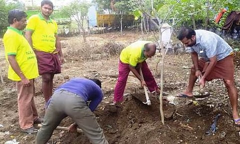 சங்ககிரி, கழுகுமேடு பகுதியில் சாலைகள் விரிவாக்கத்திற்காக மரக்கன்றுகளை மாற்று இடத்தில் நடும் பணியில் ஈடுபட்ட பசுமை சங்ககிரி அமைப்பினா்.
