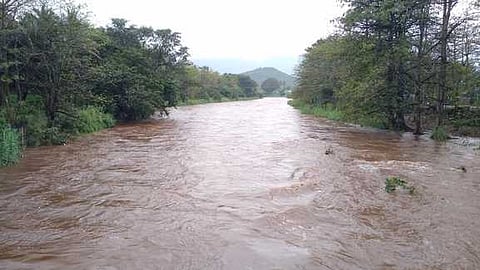 வருசநாடு அருகே மூல வைகை ஆற்றில் புதன்கிழமை ஏற்பட்ட வெள்ளப் பெருக்கு.