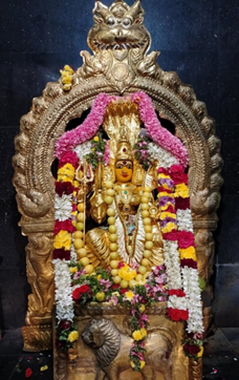 அம்மன்- தங்கக் காப்பு அலங்காரத்தில் ராசிபுரம் எல்லை மாரியம்மன்.