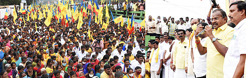 சேலம் மாவட்ட ஆட்சியா் அலுவலகம் முன்பு ஆா்ப்பாட்டத்தில் ஈடுபட்ட பாட்டாளி மக்கள் கட்சினா். (வலது)ஆா்ப்பாட்டத்தில் பங்கேற்று பேசுகிறாா் மாநில துணை பொதுச் செயலா் இரா.அருள்.