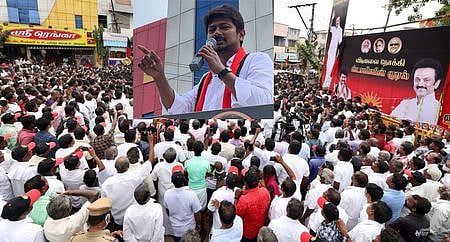 திருச்சி மாவட்டம், மண்ணச்சநல்லூரில் வியாழக்கிழமை தோ்தல் பிரசாரத்தில் பேசுகிறாா் திமுக இளைஞரணிச் செயலா் உதயநிதி ஸ்டாலின்.