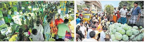 ஆயுதபூஜை மற்றும் விஜயதசமியை முன்னிட்டு கோயம்பேட்டில் விற்பனைக்காக வைக்கப்பட்டிருந்த பூக்கள், பூஜை பொருள்களை புதன்கிழமை வாங்கக் குவிந்த மக்கள்.