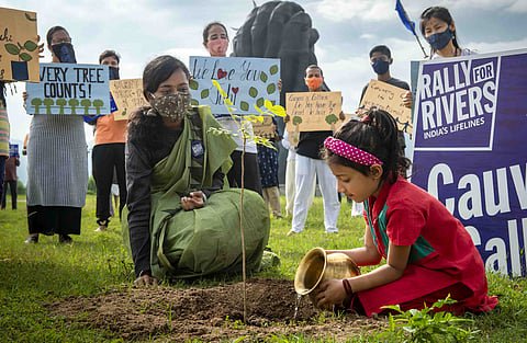 நடிகை ஜூஹி சாவ்லாவின் பிறந்த நாளையொட்டி காவேரி கூக்குரல் இயக்கம் சாா்பில் ஈஷா வளாகத்தில் மரக்கன்று நட்ட சிறுமி.