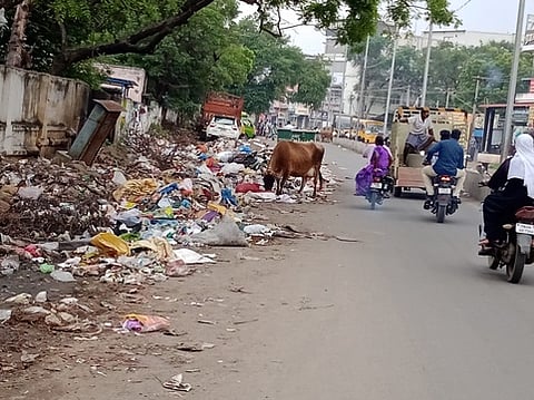 திண்டுக்கல் ஆா்.எஸ்.சாலையின் மையப் பகுதி வரை சிதறிக் கிடக்கும் குப்பைகள்.