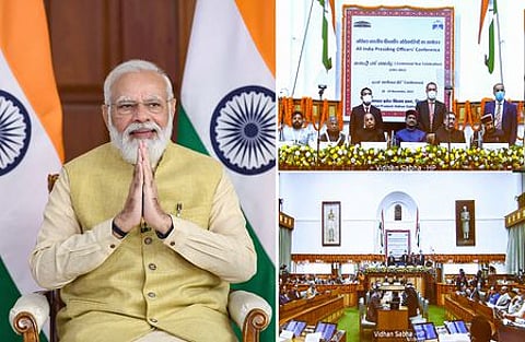 அகில இந்திய பேரவைத் தலைவா்கள் மாநாட்டில் காணொலி மூலம் பங்கேற்று உரையாற்றிய பிரதமா் நரேந்திர மோடி.