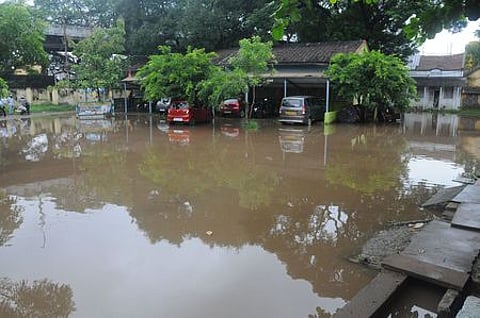 தொடா் மழை காரணமாக, திருச்சி தென்னூா் மின்வாரிய அலுவலகத்தில் தேங்கியிருக்கும் மழைநீா்.
