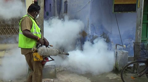 டெங்கு கொசுப்புழு ஒழிப்பு பணியில் ஈடுபட்டுள்ள நகராட்சி பணியாளர்.