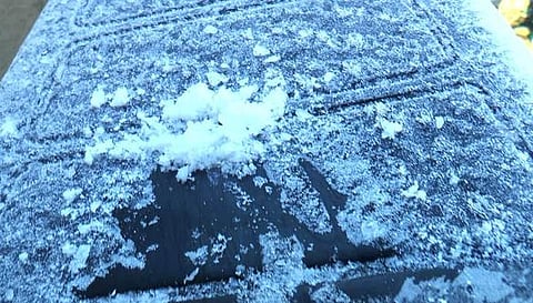 வாகனங்களின் கண்ணாடி மேல் பரவியிருந்த உறைபனி. ~தாவரங்களின் இலைகளில் காணப்படும் உறைபனி.