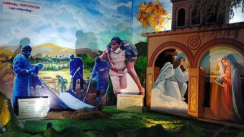 வாழப்பாடி பத்தாம் பத்திநாதர் தேவாலய கிறிஸ்துமஸ் குடிலில் இடம்பெற்றுள்ள சென்னை காவல் ஆய்வாளர் ராஜேஸ்வரி மற்றும் தஞ்சாவூர் இஸ்லாமிய இளைஞர்களின் ஒளிப்படங்கள்.