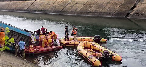 NDRF team carries out rescue operation after an overcrowded bus plunged into a canal in Sidhi district of Madhya Pradesh.