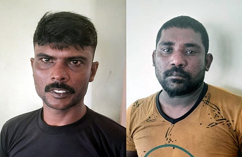 தனுஷ்கோடியில் கைது செய்யப்பட்ட 2 இலங்கை மீனவா்கள்.